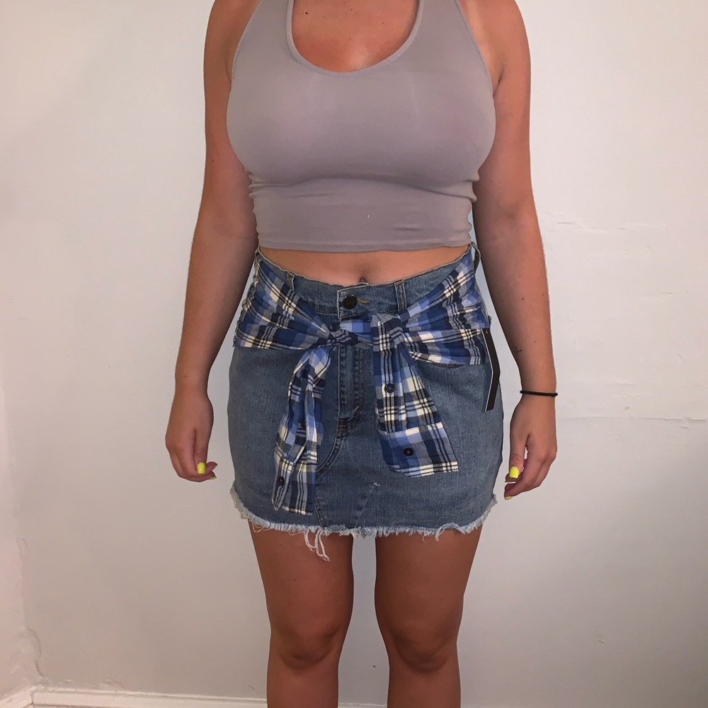 Denim Skirt with Plaid Sleeve Waist-Tie Belt